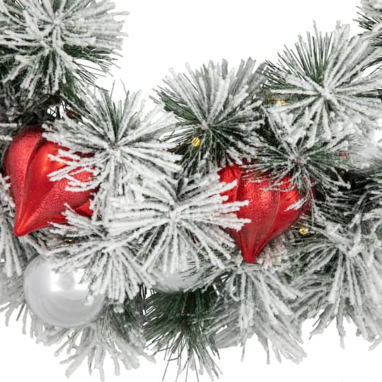 24" Pre-Lit Snowy Bristle Pine Christmas Wreath, Warm White LED Lights